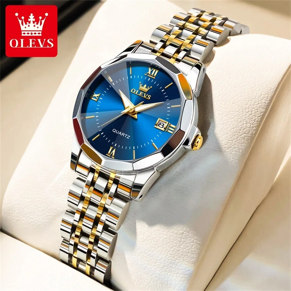 OLEVS 9989 Couple Watch for Men and Women Luxury Brand Waterproof Rhombus Mirror Lovers Watch Romantic Dating Week Couple Watch