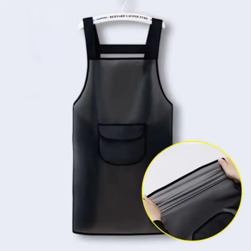 Waterproof Oilproof PVC Household Work Apron in Transparent Black, Dirt Repellent Cleaning Protective Apron, Easy-to-Clean Kitch