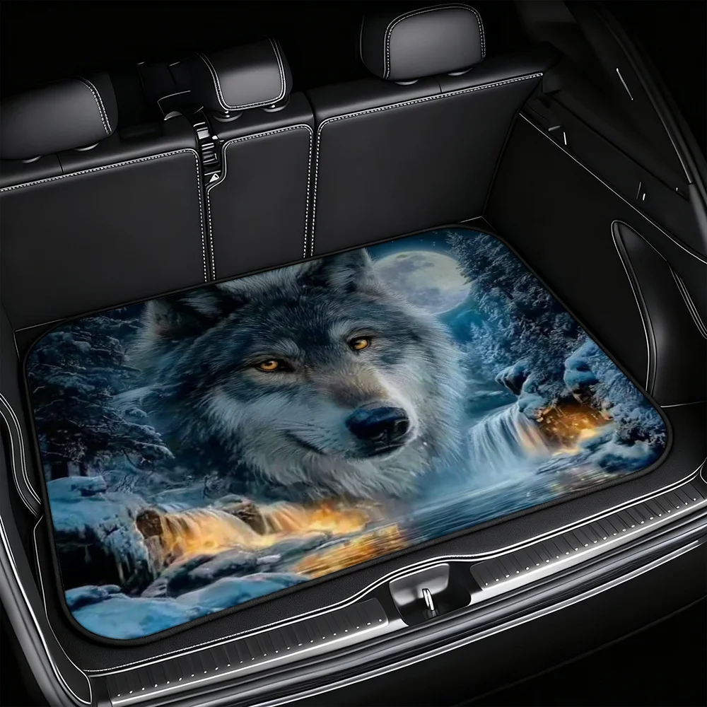 1pc Vehicle Cargo Floor Mat With Wolf Moon Forest Lake Graphic, Universal Trunk Liner For SUV, Sedan, Or Hatchback, Perfect For