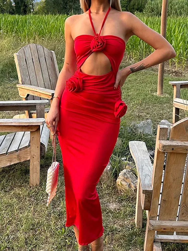 BWQ 3D 플로럴 섹시 홀터 컷아웃 미디 바디콘 드레스 2025 패션 백리스 여성 튜브 클럽 파티 여름 드레스 레드 Y2K 베스티도스