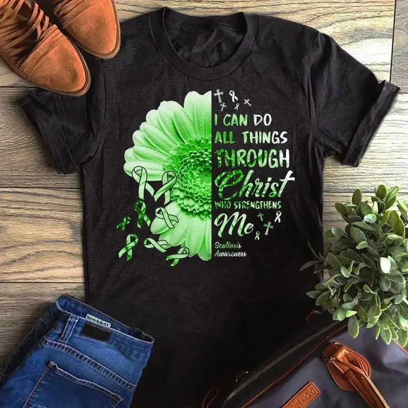 Scoliosis Awareness Flower I Can Do All Things Through Christ Who Strengthens... T shirt
