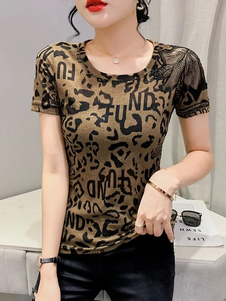 

Ele Leopard Print Me Splice ort Sve T-irt Women's Summer New Sle Sexy Hollow out Top Trendy Commute Sle roun...