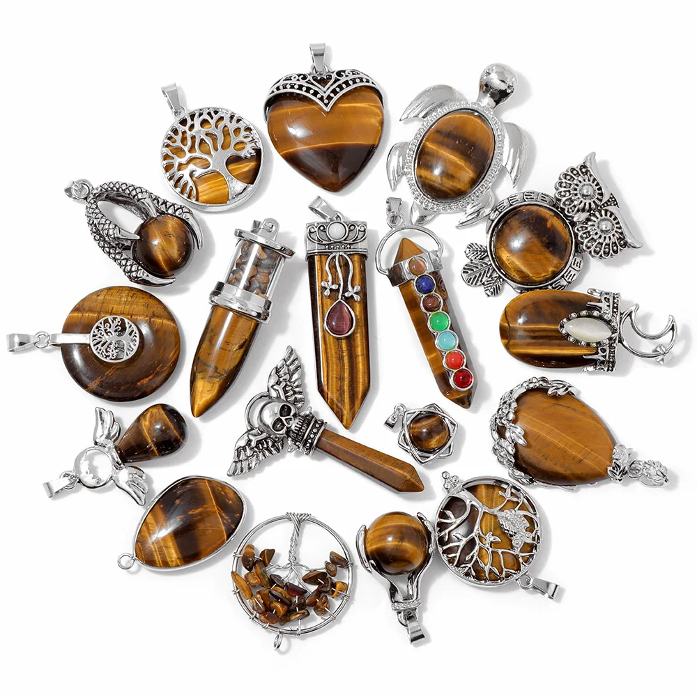 2Pcs/Lot Natural Tiger Eye Stone Pendants Silver Color Hole Tiger Eye Charms for Handmade Making DIY Bracelet Necklace Earrings