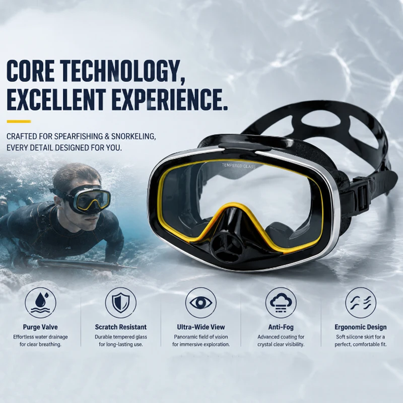 Adult Hunting Snorkeling Mask with Drain Valve, 180° Wide Anti‑Fog Tempered Glass, Stainless Steel Frame for Spearfishing Dive