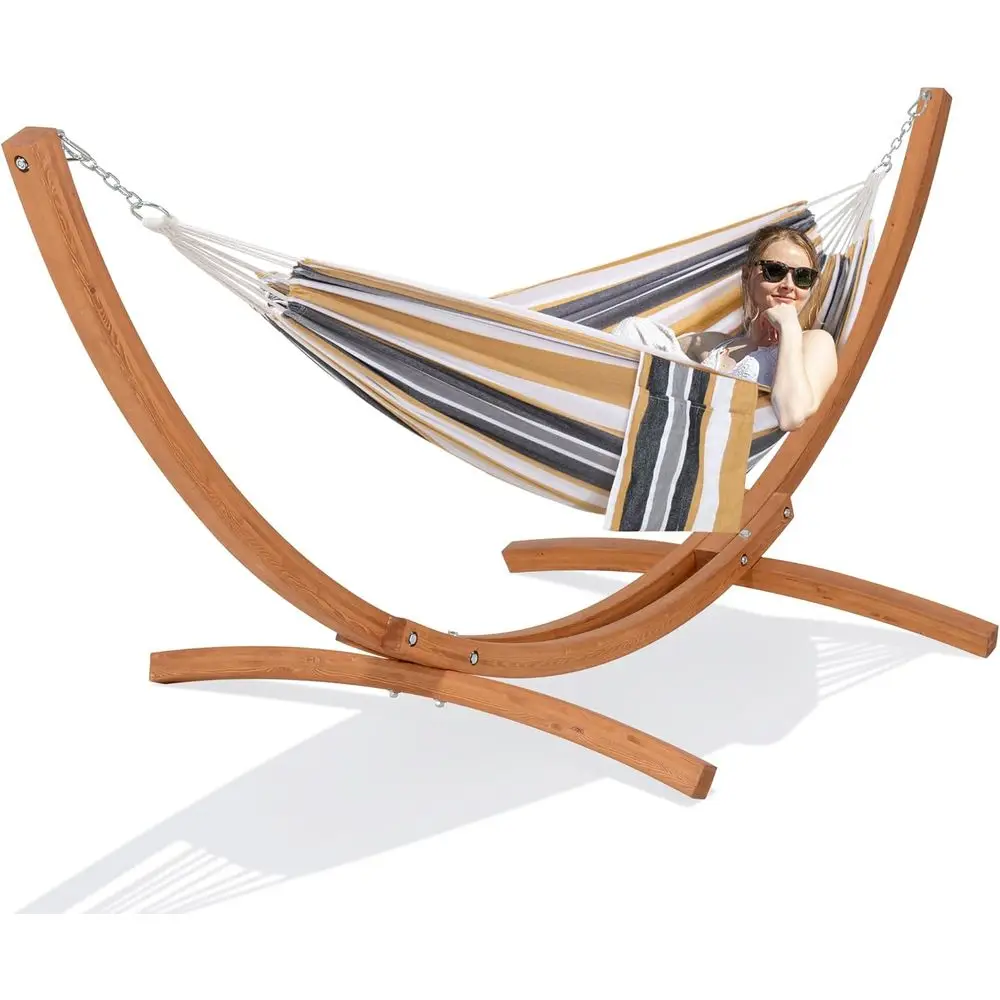 

Double Layer Hammock with Wooden Stand, Indoor/Outdoor, 475 lbs Capacity, Coffee Color