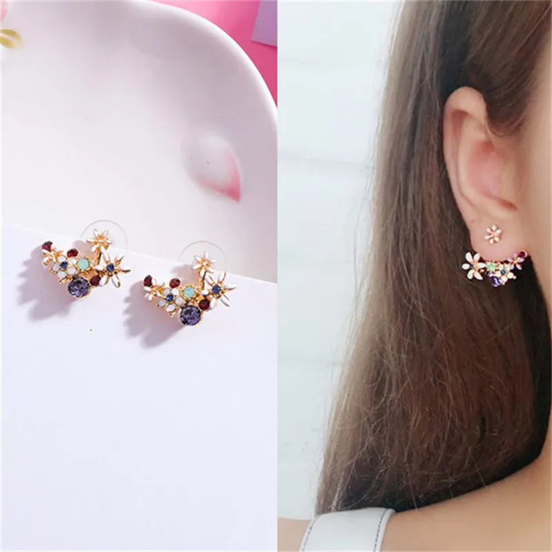 Fashion Jewelry Korean Sweet Crystal Flower Stud Earrings For Woman Girl Double Sided  Rhinestones Earring Gift