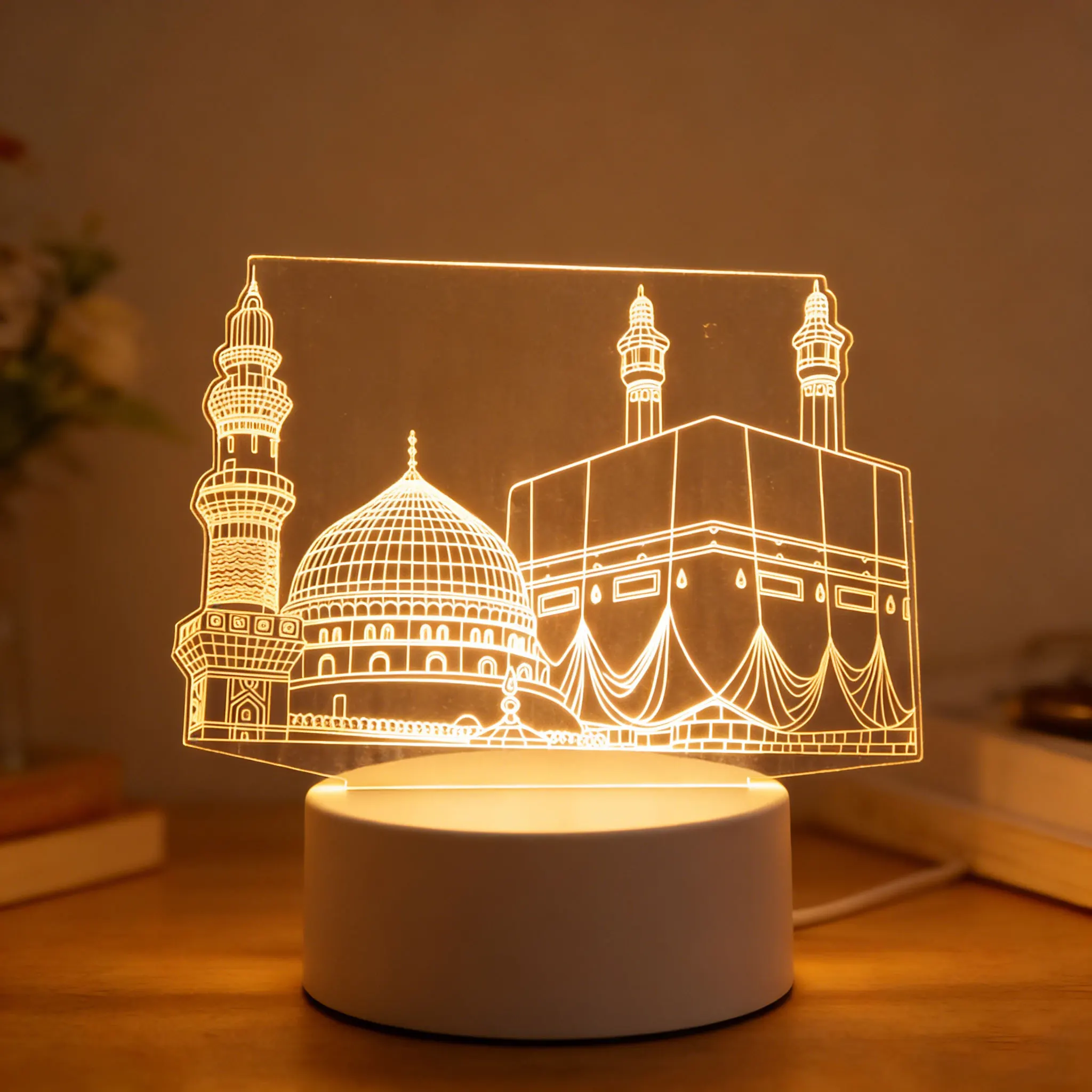 

USB-светильник 3D из акрила со светодиодами, ночник, настольное украшение, мусульманский светильник для праздников Ид Мубарак и Ид аль-Адха, декорации для Рамадана Карим