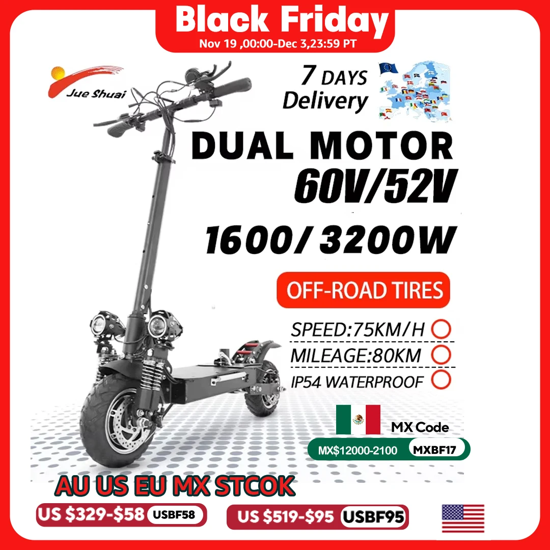 

75KM/H Electric kick scooter 60V 48V 1300-3200W 10 inch Fat Tire Foldable Waterproof Electric Scooters Adults EU Warehouse