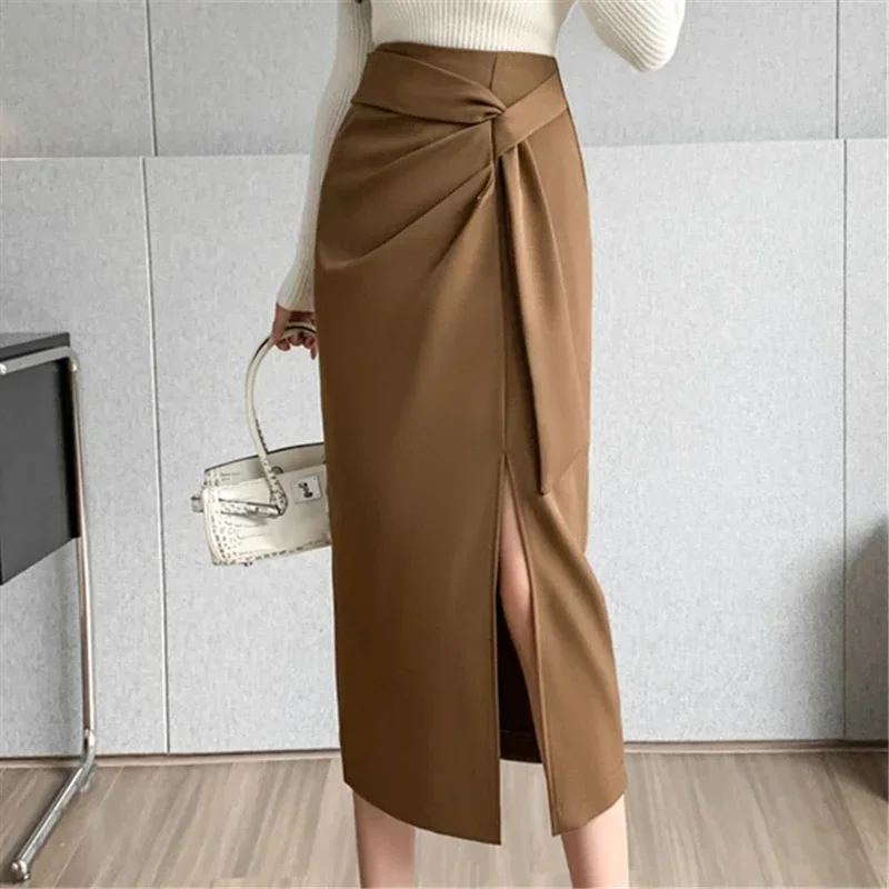 Seoulish Retro 2026 Spring Summer High Waist Mid Length Pencil Skirts Women New Office Lady Solid Color Wrapped Women's Skirts