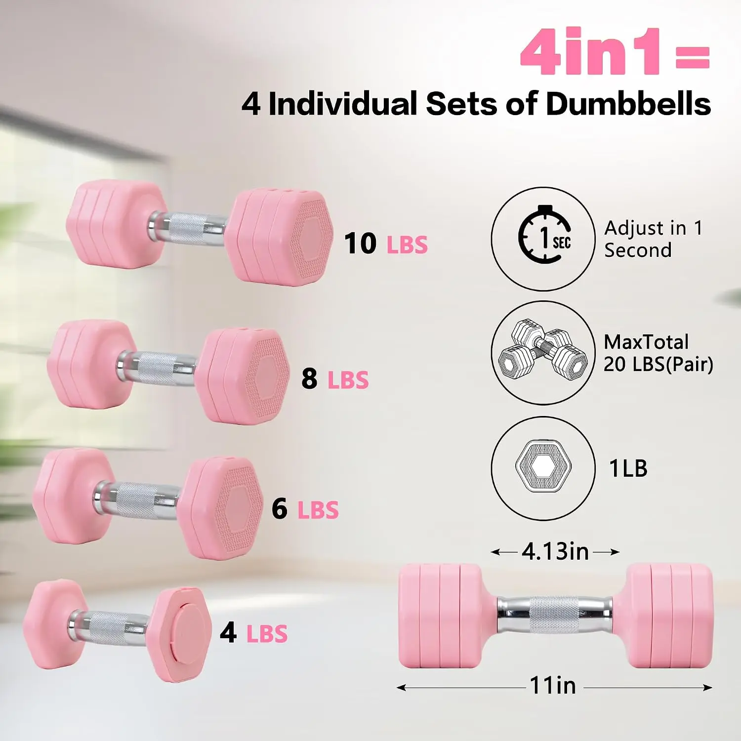 Adjustable Dumbbell Set of 2 Total 20 Lbs 4-in-1 Each 4lb 6lb 8lb 10lb 1s-Adjust Dual-Stable Free Weights for Women Men Home Gym