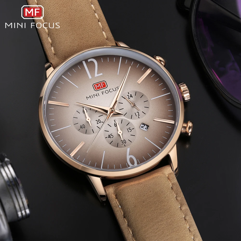 MINI FOCUS Business Waterproof Watches 24 Hours Display Sub-Dials Fashion Genuine Leather Belt Luxury Brand Quartz Mens Watch