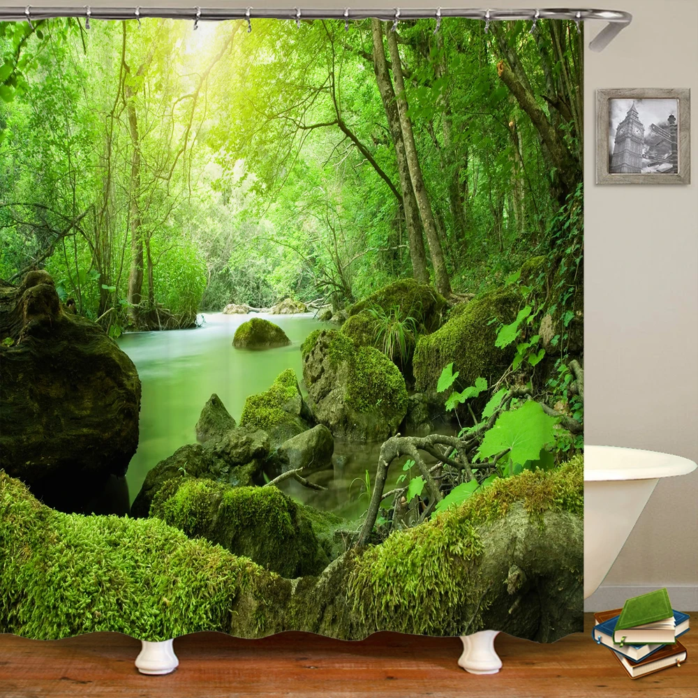 

Nature Forest Landscape Shower Curtains Bathroom Decor Frabic Waterproof Polyester Green Bamboo Stream Scenery Bath Curtain Home