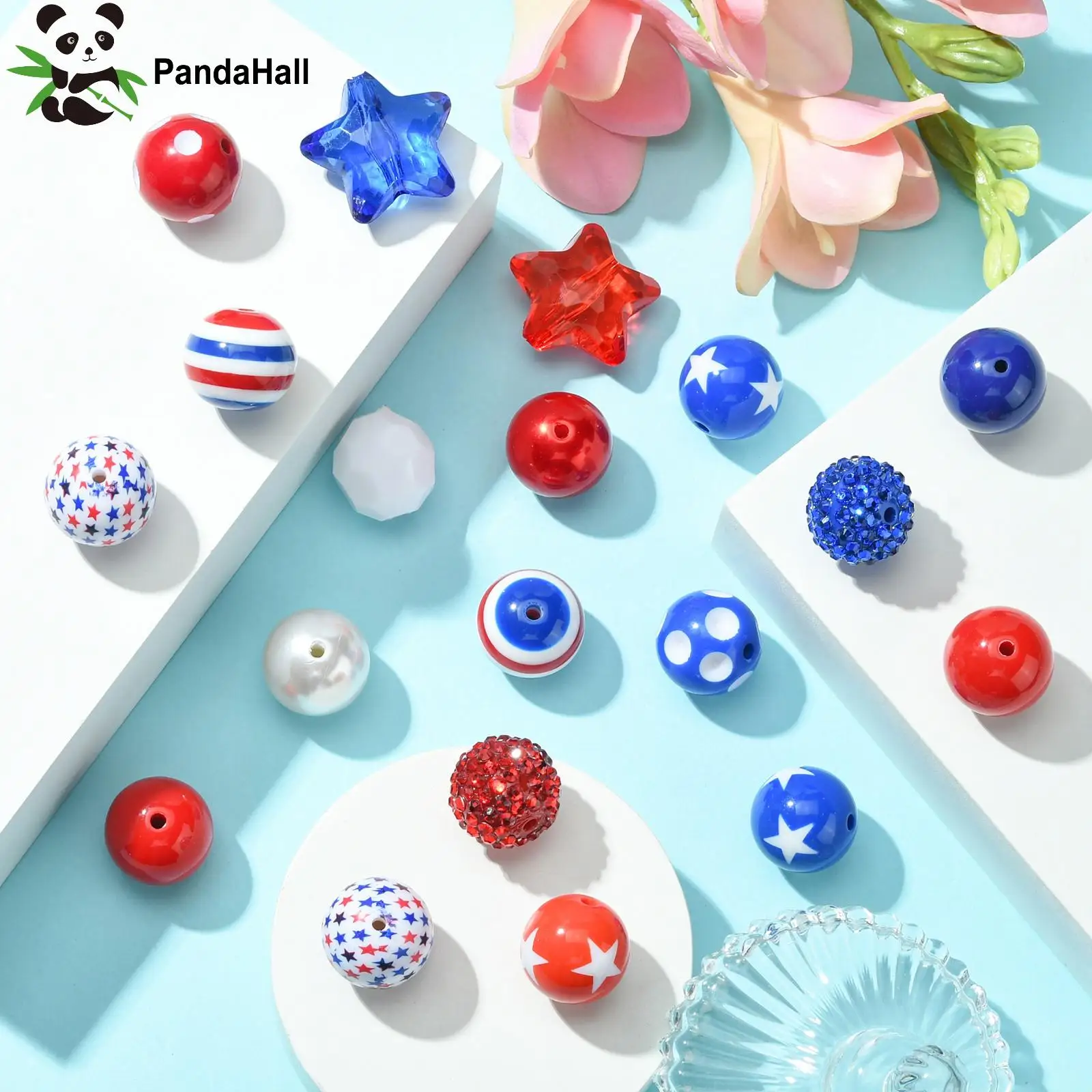 PandaHall 50 Stück Zufällige 20mm Acryl-Rundperlen Independence Day Rot Weiß Blau Abstandhalterperlen für Bastelarbeiten und Schmuckherstellung – Detail 5
