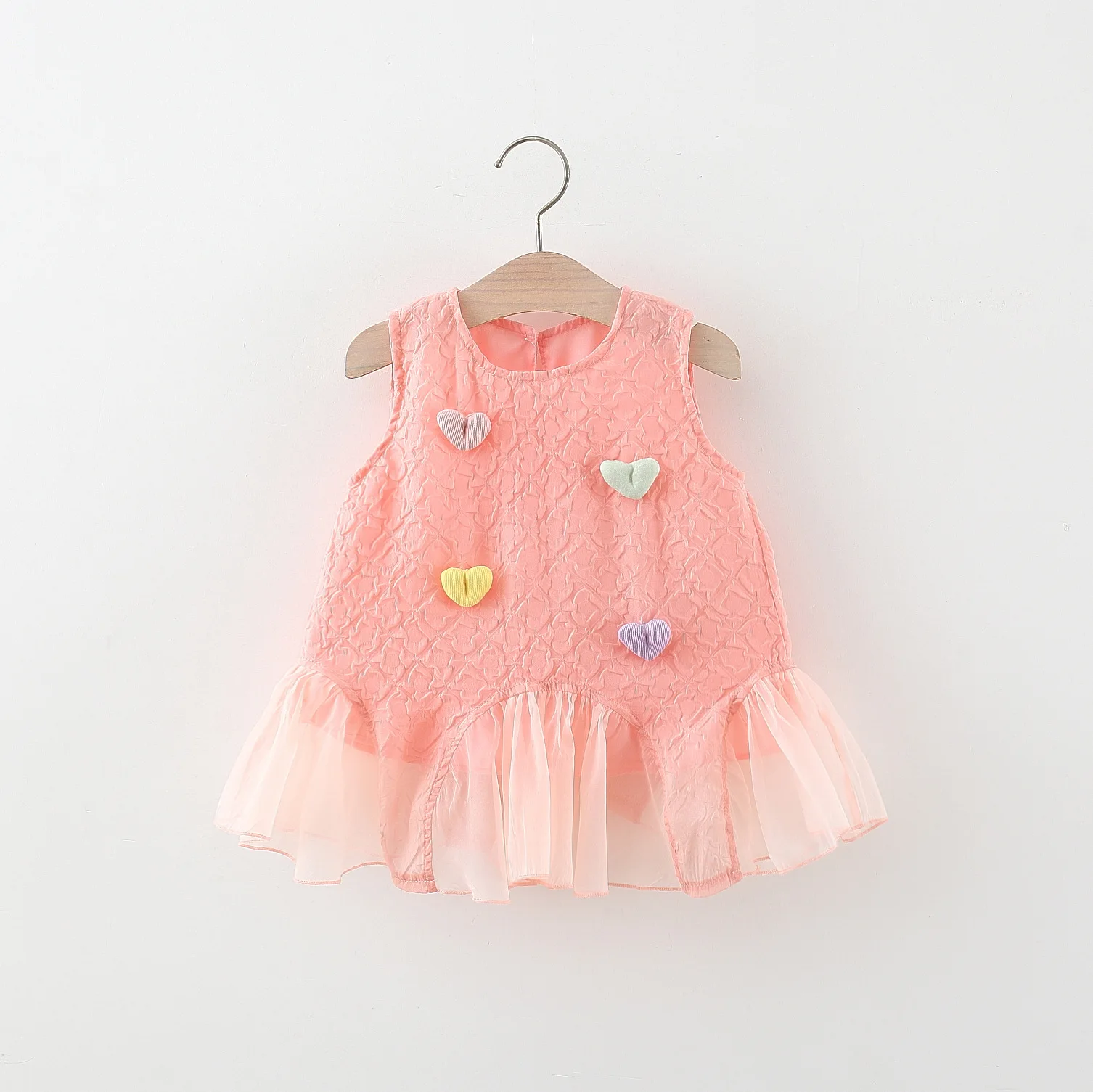 Girls dress Summer baby girls four colorful heart-shaped solid color pleated patchwork mesh sleeveless princess dress