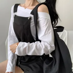 Ternos de duas peças 2023 Mulheres Off-ombro Casual All-match Cintura Solto Solto Macacão Shorts Bib + de mangas compridas Bottoming T-shirts