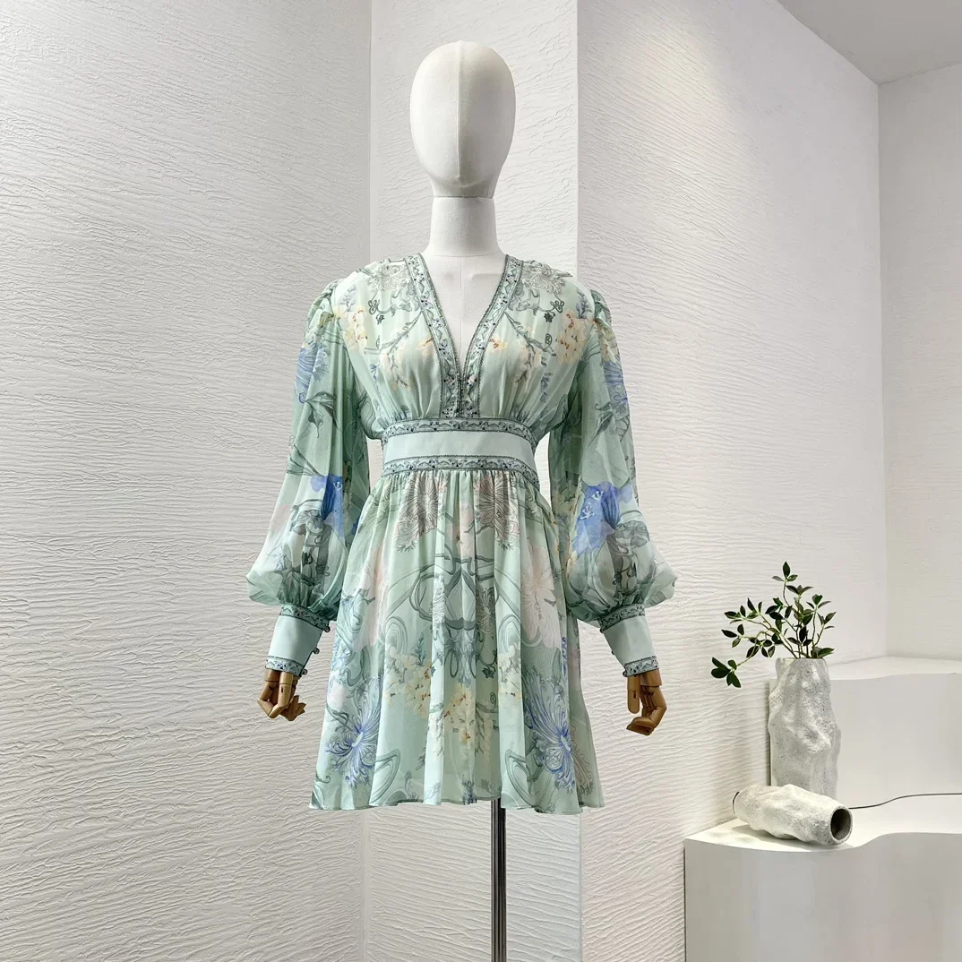 

High Quality Mint Green Floral Print Long Sleeve Diamonds Deep V Neck Mini Dress
