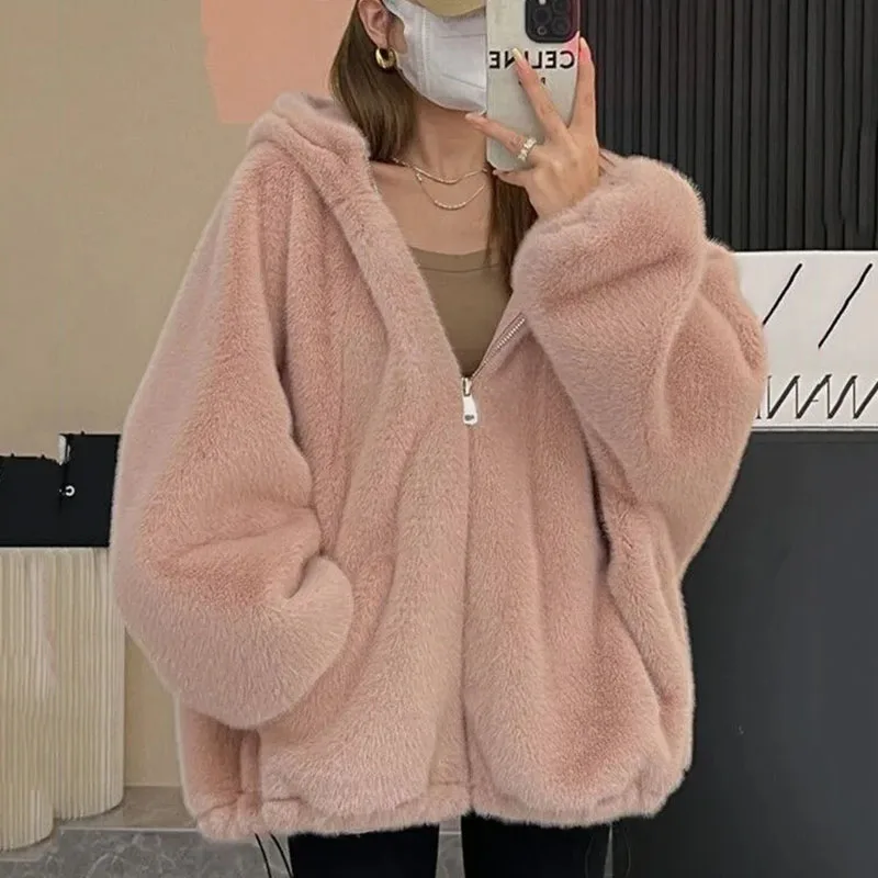 High Quality Cropped Faux Raccoon Fur Coat Women Winter Fashion Hooded Jacket Long Sleeve Fluffy Short Faux Fur Jacket Top