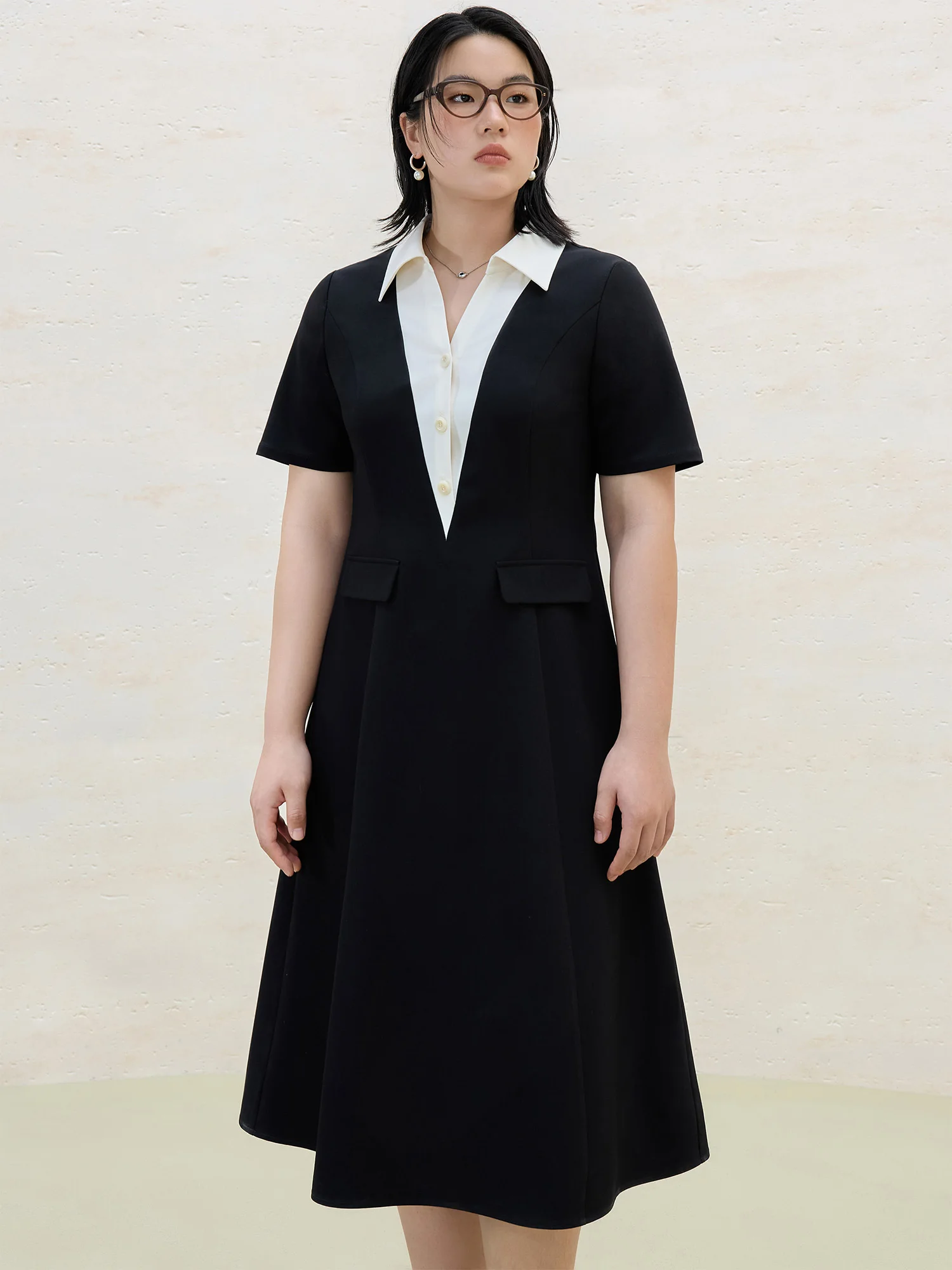 DUSHU, vestido largo de verano para mujer, estilo informal, falso, de dos piezas, vestido X-LINE de retazos para mujer, vestido con cuello tipo Polo para mujer 25DS82123