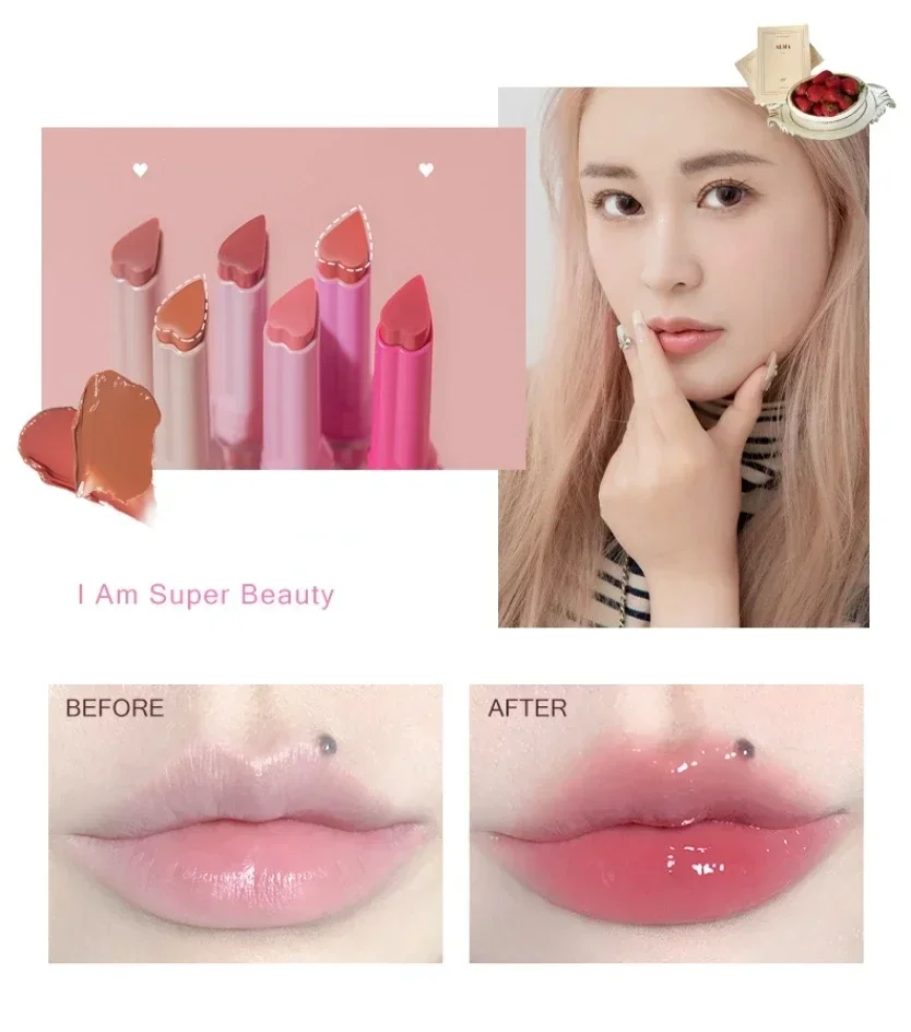 FLORTTE ยี่ห้อ Lip Balm Love Shape ลิปสติกปากกา Mirror Water Light Lip Glaze Hydrating ผู้หญิง Make Up ลิปสติกความงามเครื่องสําอาง