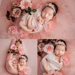 Newborn Photography Wrap Pink Flower Theme Headband Set 0-1 Month Baby Photo Props Mesh Gauze Background Baby Swaddle Blanket