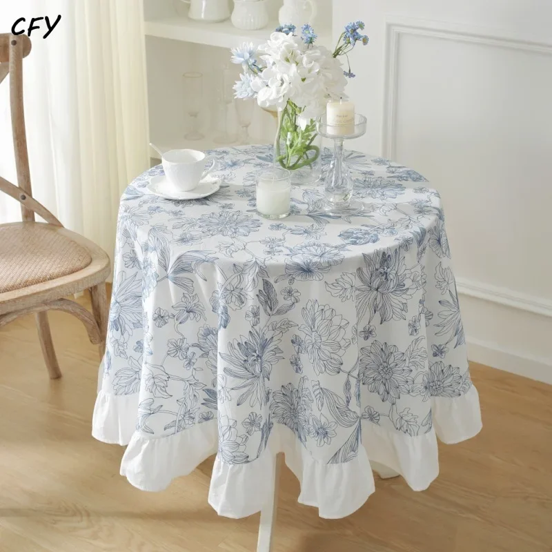 

French Blue Embroidered Waterproof Oil Resistant Skirt Hem with Lotus Leaves Round Tablecloth Table Cover Chicken Table Cloth