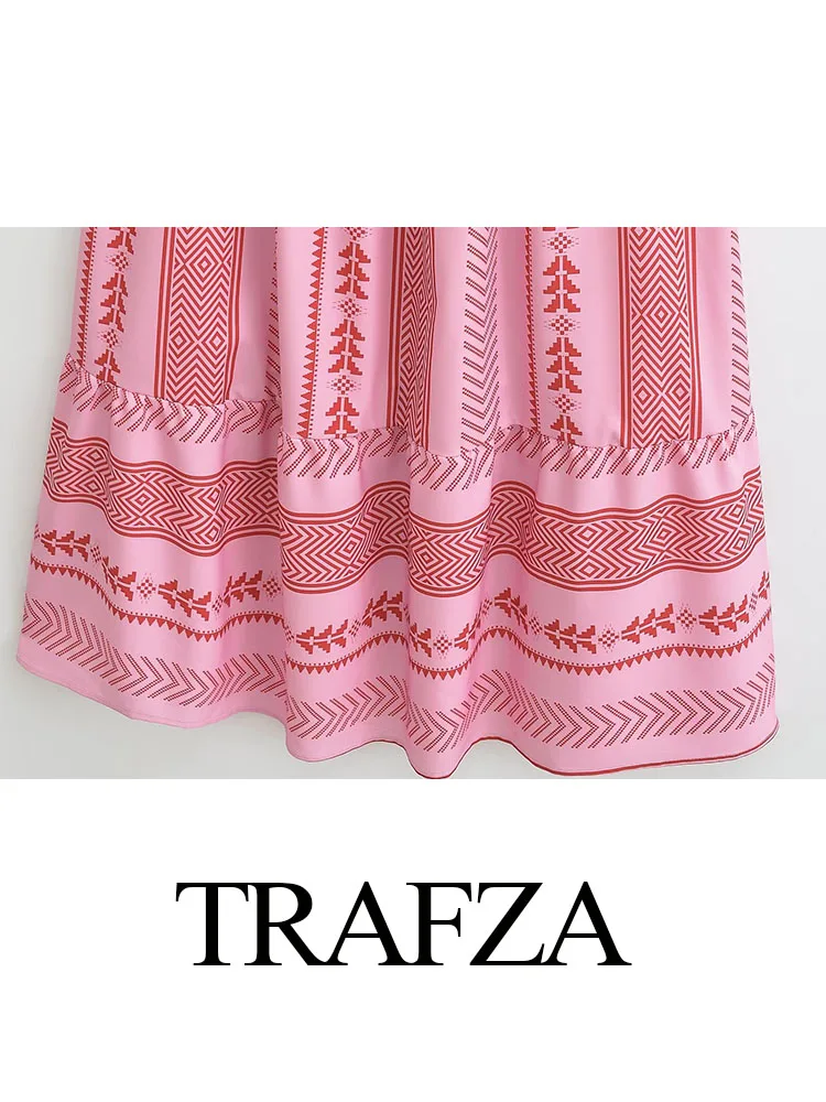 TRAFZA 2024 Female Pink Embroidery Dress Square Collar Sleeveless Backless Long Summer Dresses Woman Beach Style Women\'s Dress