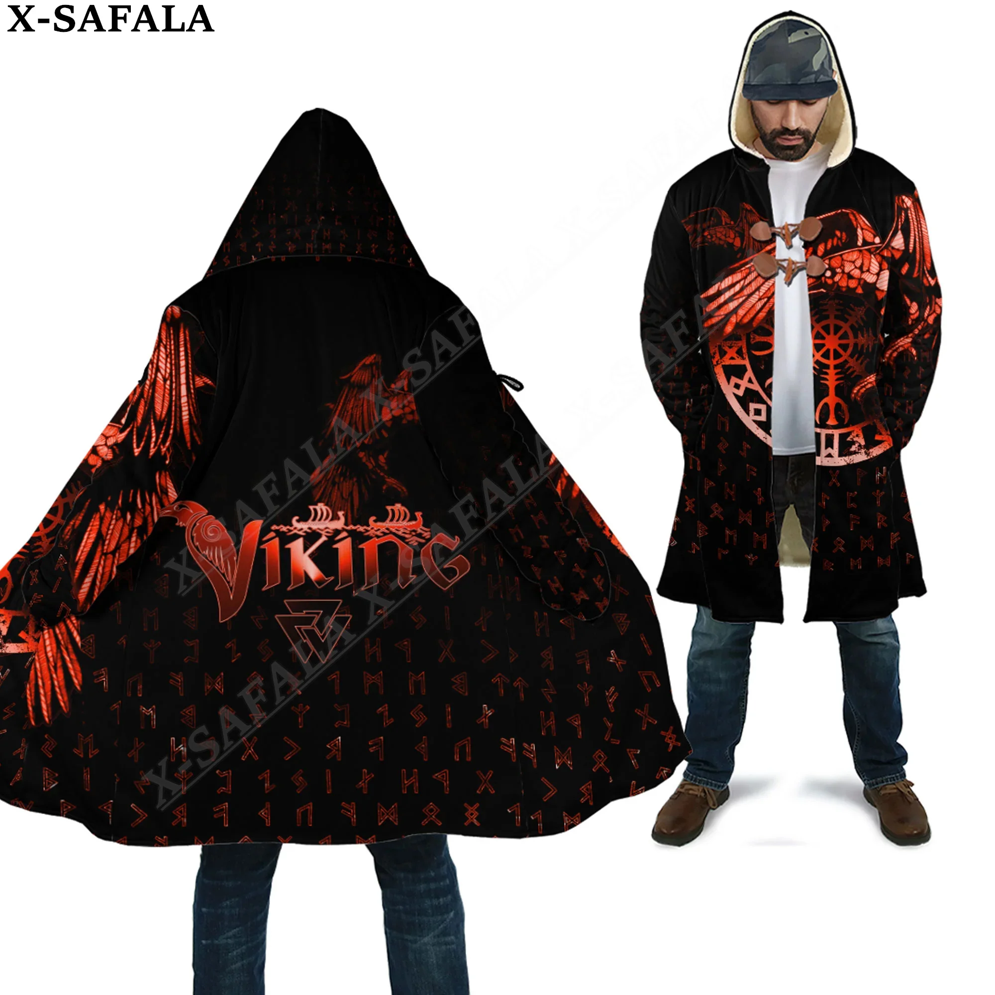 

Raven Helm of Awe Viking Tattoo Symbol Overcoat Coat 3D Print Thick Warm Hooded Cloak Men Windproof Fleece Unisex-2