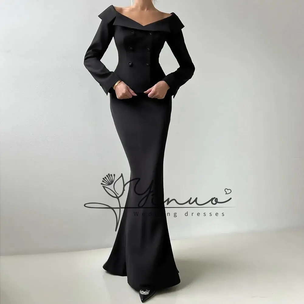 

customized A-line Evening Dresses Ankle-length Off The Shoulder Full Sleeve Prom Gown Fashion Button Simple Draped Party Gown