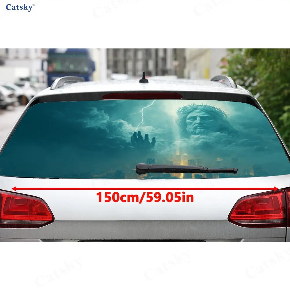 Jesus Christ Lightning Cloud PVC Perforated Car Vinyl Wraps, Durable Car Windshield Sticker, Waterproof Car Window Decal