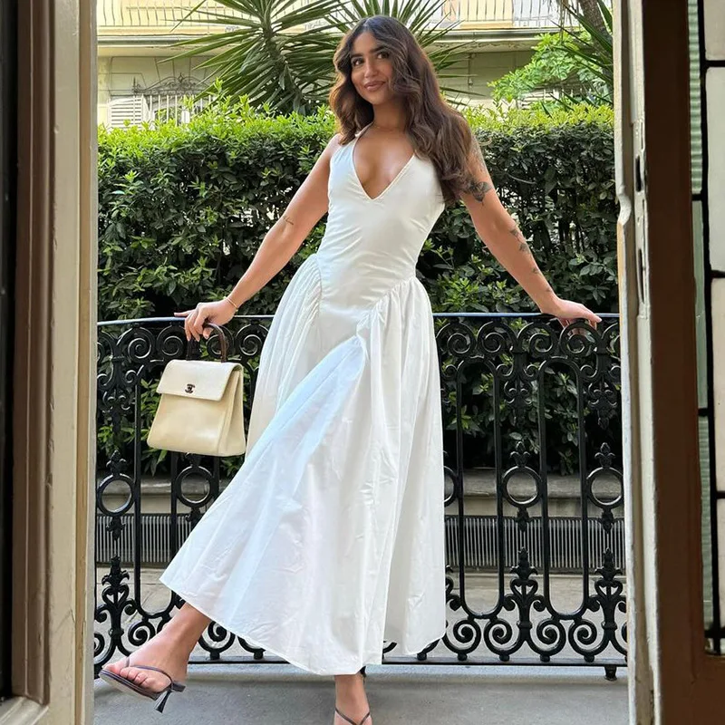 

For Women Sleeveless A-line Evening Party Dresses Female White Deep V-Neck Halter Dresses Sexy Backless Long Dress