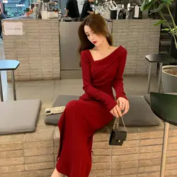 Long Sleeve Maxi Women's Knitted Sweater Dress Sexy Bodycon Female Knit Dresses for Fall and Winter Wrap Red Chic Elegant Midi