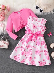 2-piece spring and fall new cute girl fashion pink print dress set-