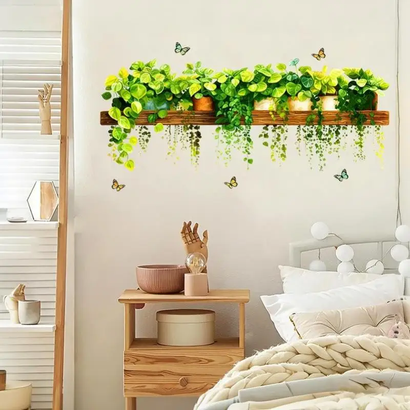 Potted Hanging Green Vine Butterfly Wall Sticker Removable Plant Wall Decal For Bedroom Living Room Home Decor