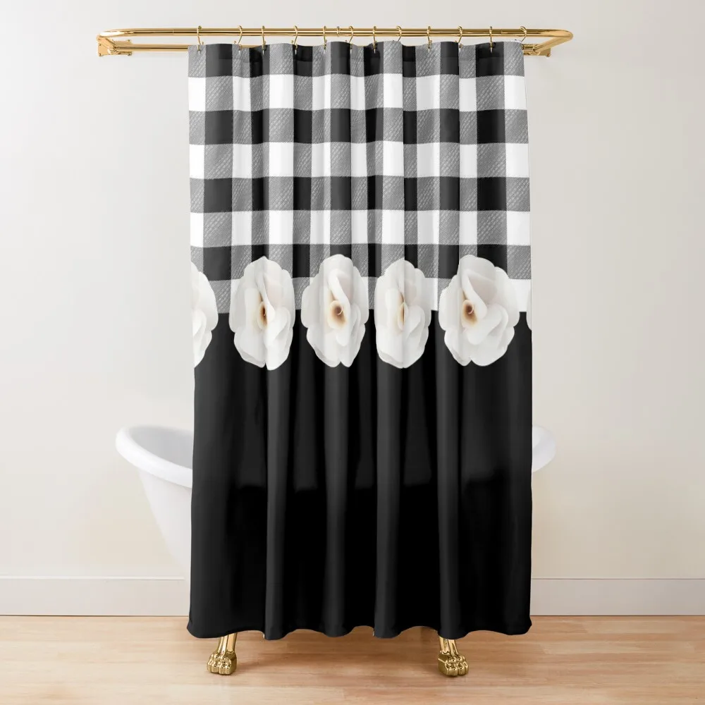 

Black White Buffalo Checks & White Roses Shower Curtain Shower Waterproof Cute Shower Sets For Bathroom Curtain