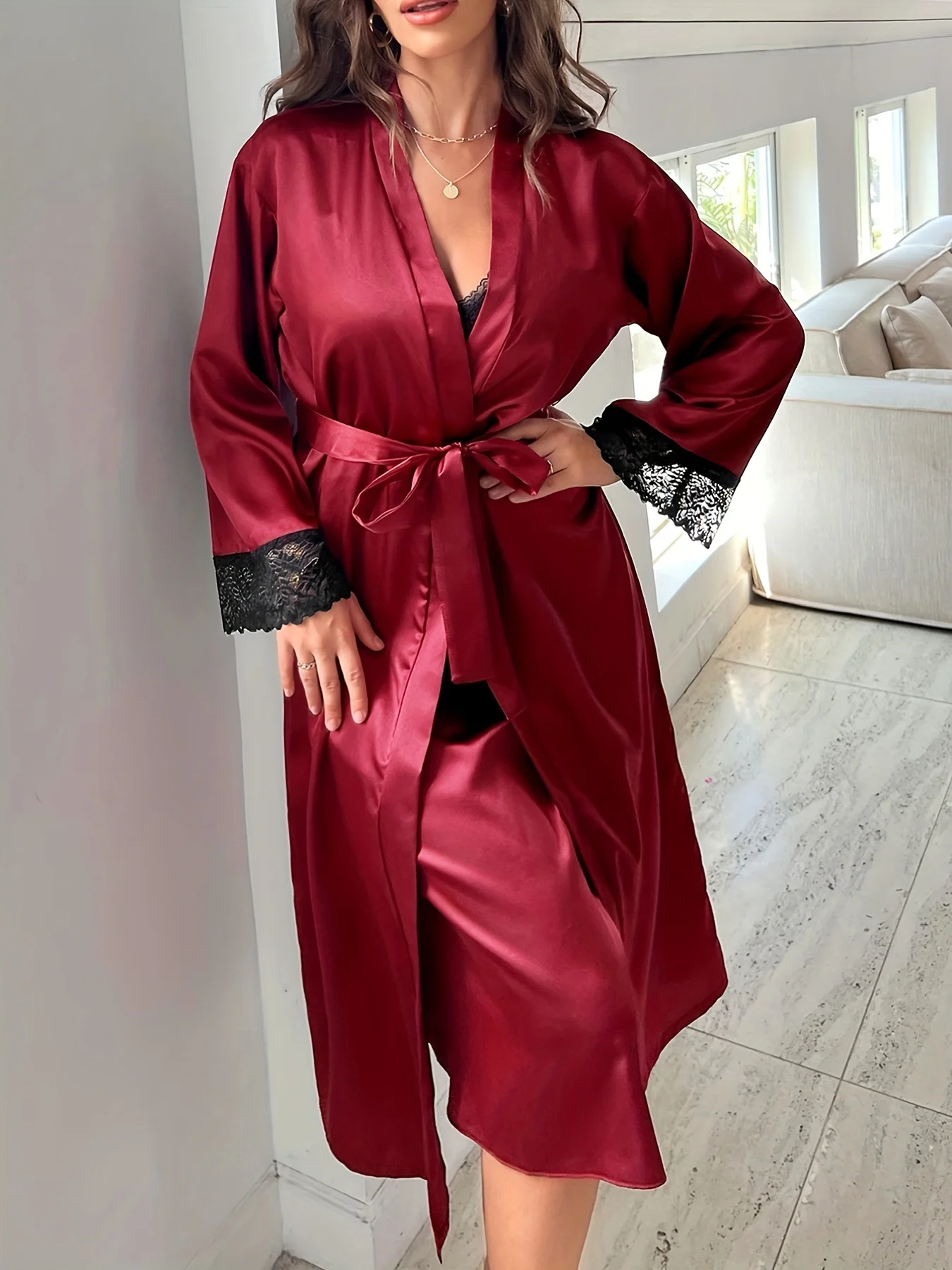 

Кружевной лоскутный бордовый халат и ночная рубашка, комплект женской одежды для дома