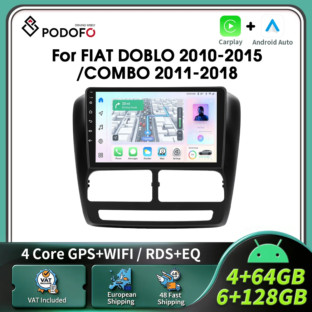 Podofo CarPlay Android Radio für FIAT DOBLO 2010-2015/COMBO 2011-2018 Intelligentes Auto-System 2 Din GPS Auto-Multimedia-Player