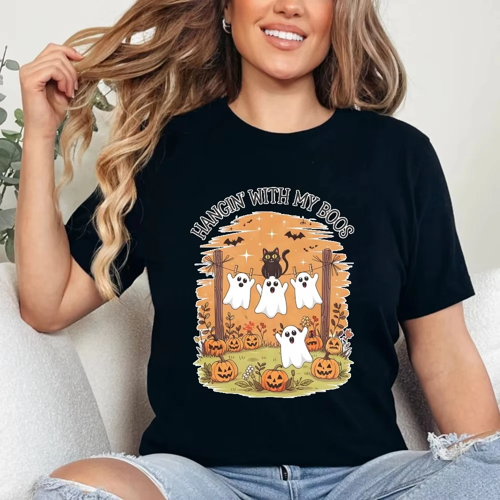 Hangin With My Boos Ghost Unisex Tee Casual Cotton Shirt Whimsical Hanging Ghost Black Cat Tshirt Retro Fall Pumpkin Scene Tops