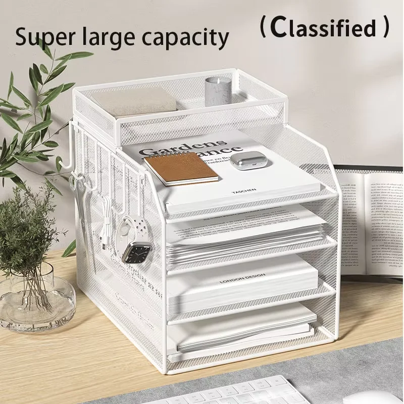 White Metal Mesh Desktop File Organizer, Multi-Tier Paper Tray with Side Hooks for Home Office Students