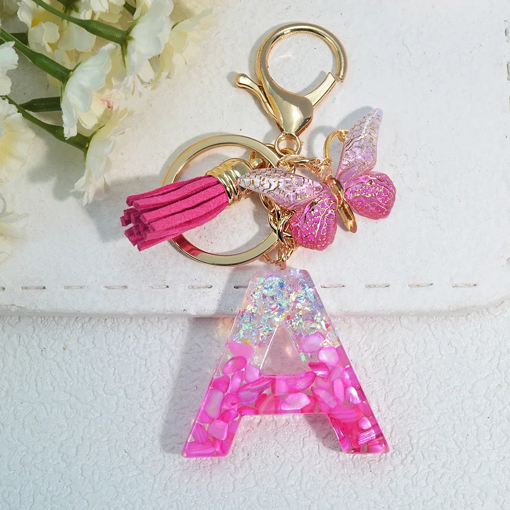 Pink Stone Filled Resin Letter Keychain A-Z 26 Initials Name Butterfly Tassel Pendant With Key Holder Luggage Backpack Tag Decor