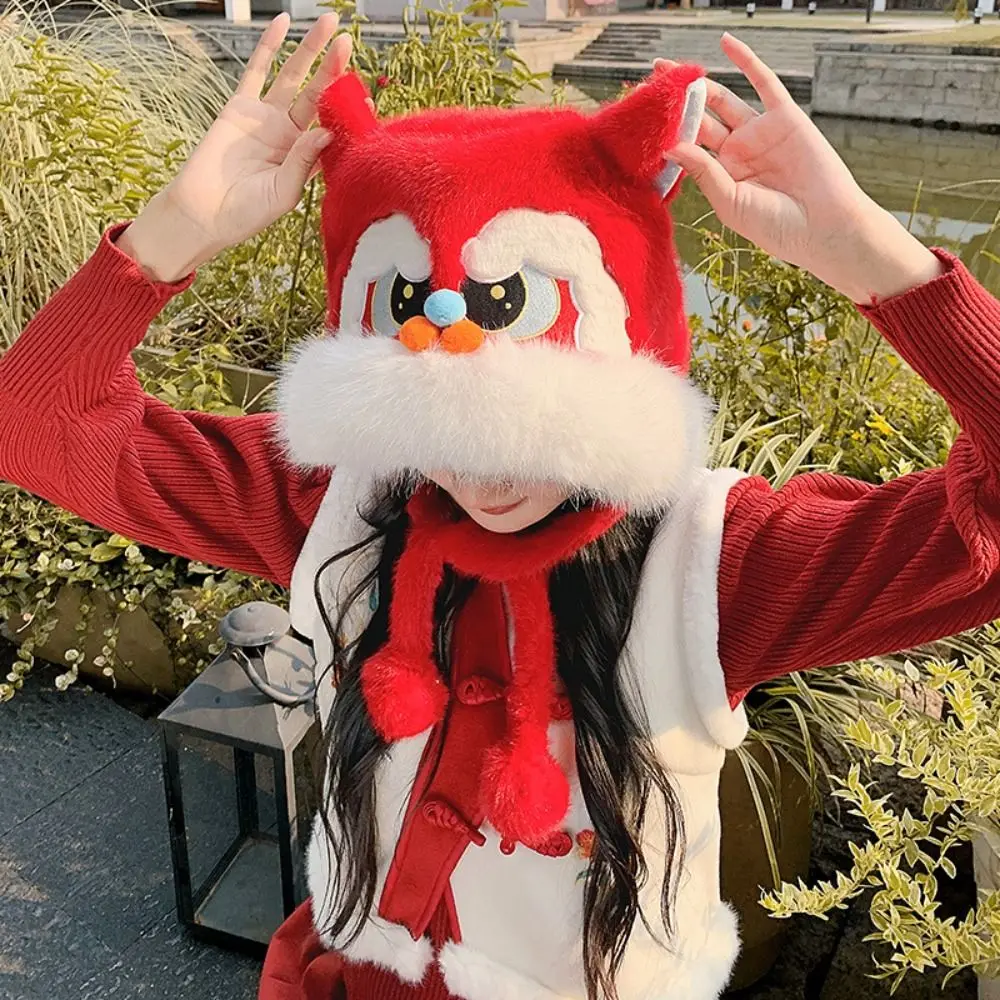 

Ear Muffs Lion Dance Beanies Hat Lace Up Thickened Winter Plush Warm Hat Tassels Chinese style New Year Pullover Cap