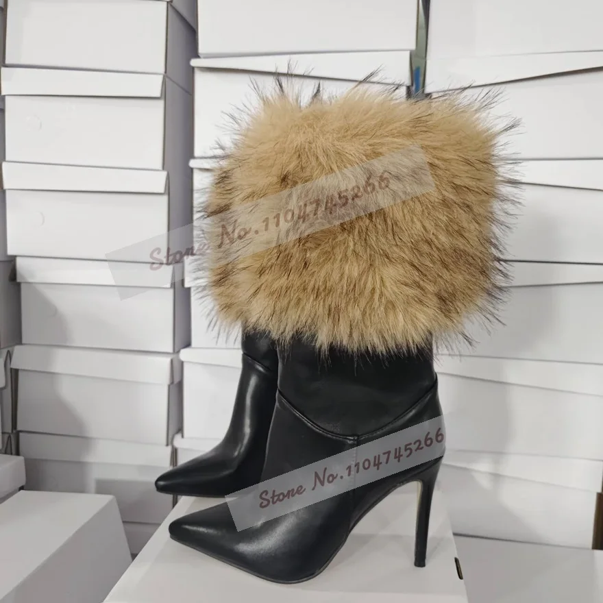 Mulheres pele macia botas de salto alto tornozelo preto fosco couro retalhos botas de pelúcia elelgant outono inverno sapatos de vestido peludo