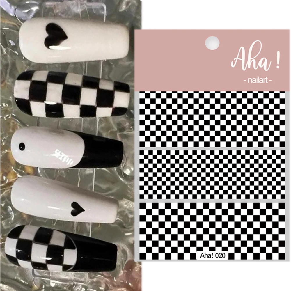 1Pcs Checkerboard Nail Art Stickers 3D Self-Adhesive Nail Decals Black White Grid Nail Design Slider DIY Manicure French Tips*UT