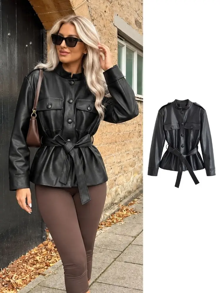 HH Women Belted Faux Leather Safari Jacket Stand Collar Single Breasted Slim Fit PU Coat For Spring Autumn Daily Wear