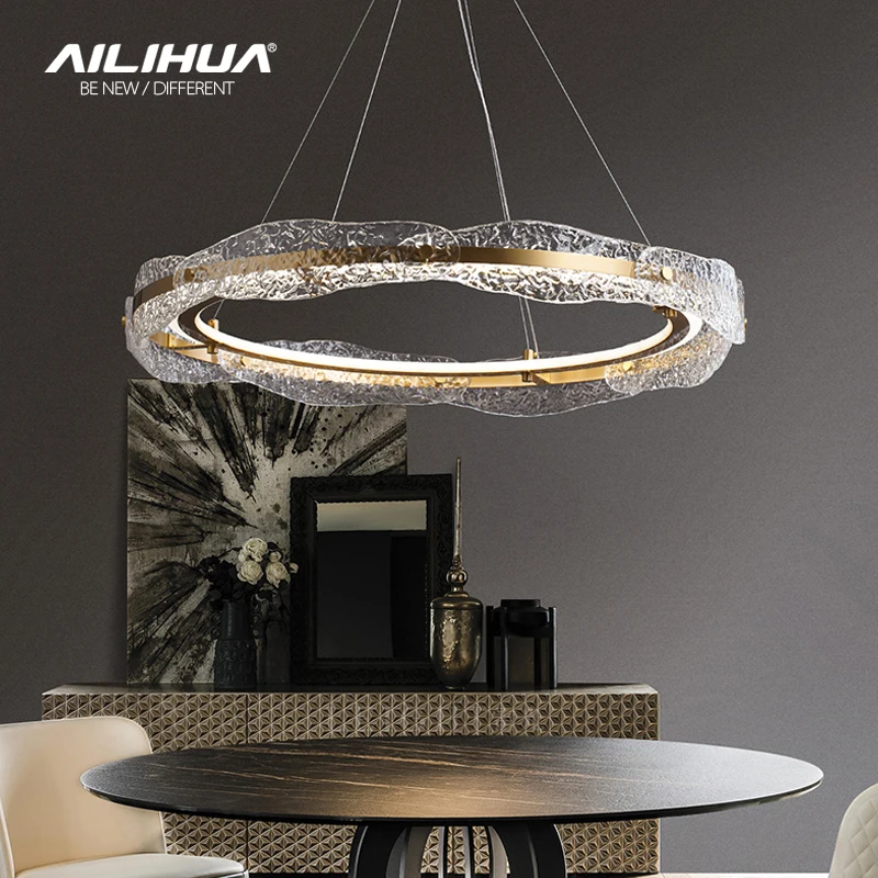 Light luxury chandelier living room light simple circular creative water pattern glass dining room lighting all copper lamps bed