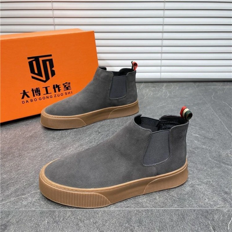 2022 Winter Men Leather Boots Slip-On Ankle Boots Suede Leather Designer Shoes Luxury Brand Flat Shoes High Quality Mens Loafers