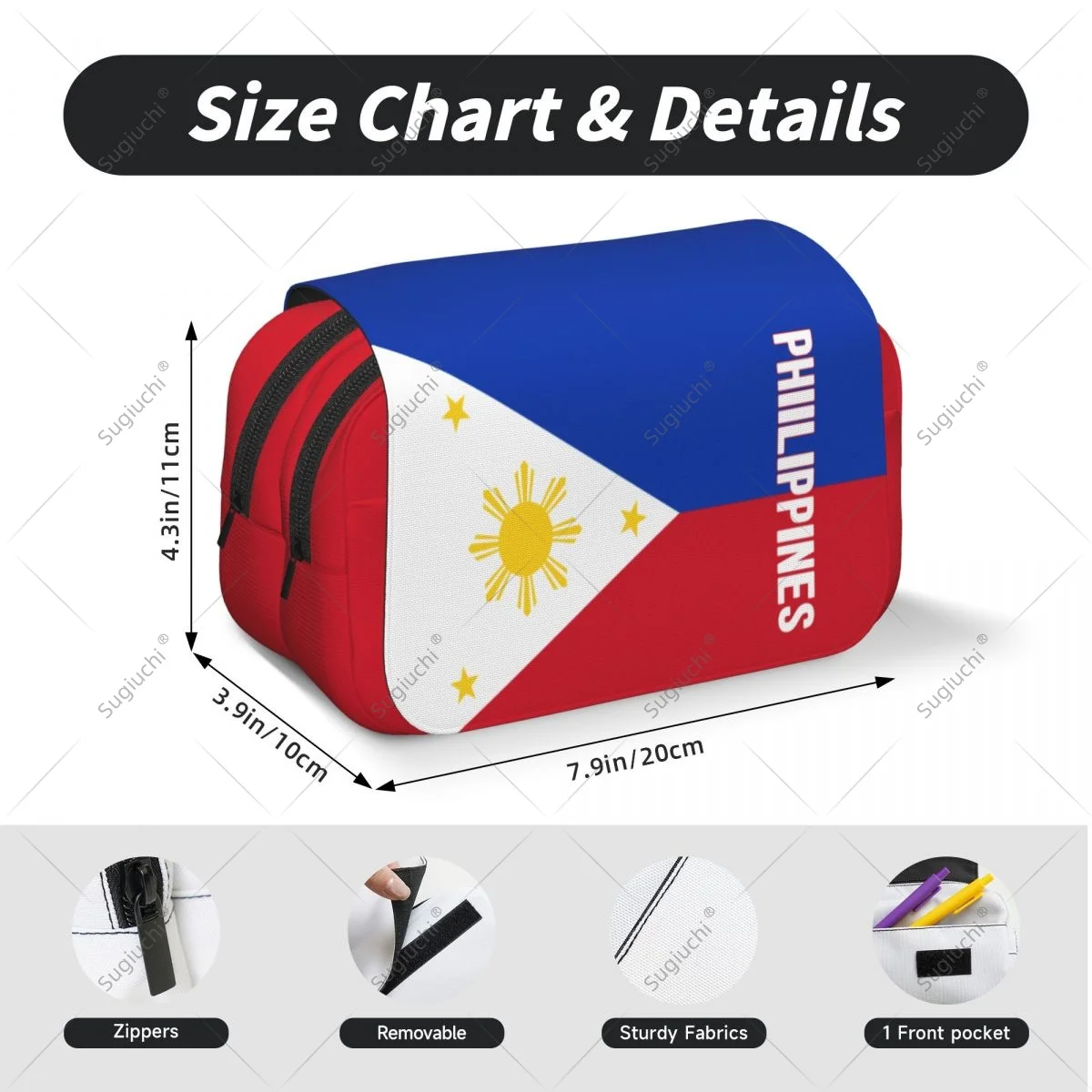 กล่องดินสอ กระเป๋าใส่กรรไกร ลายธงชาติฟิลิปปินส์ 3 มิติ ผ้าอ็อกซ์ฟอร์ดสองชั้น กล่องเก็บเครื่องเขียน กล่องใส่ปากกา