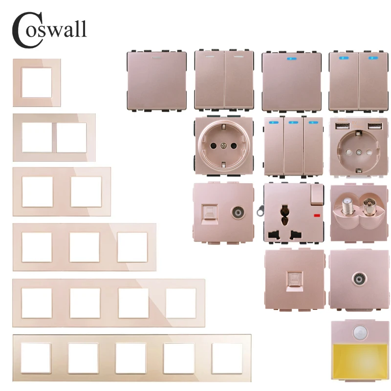 COSWALL C11 Series Gold Glass Panel Wall Switch EU French Socket USB Type-C 20W Fast Charger TV RJ45 Module DIY