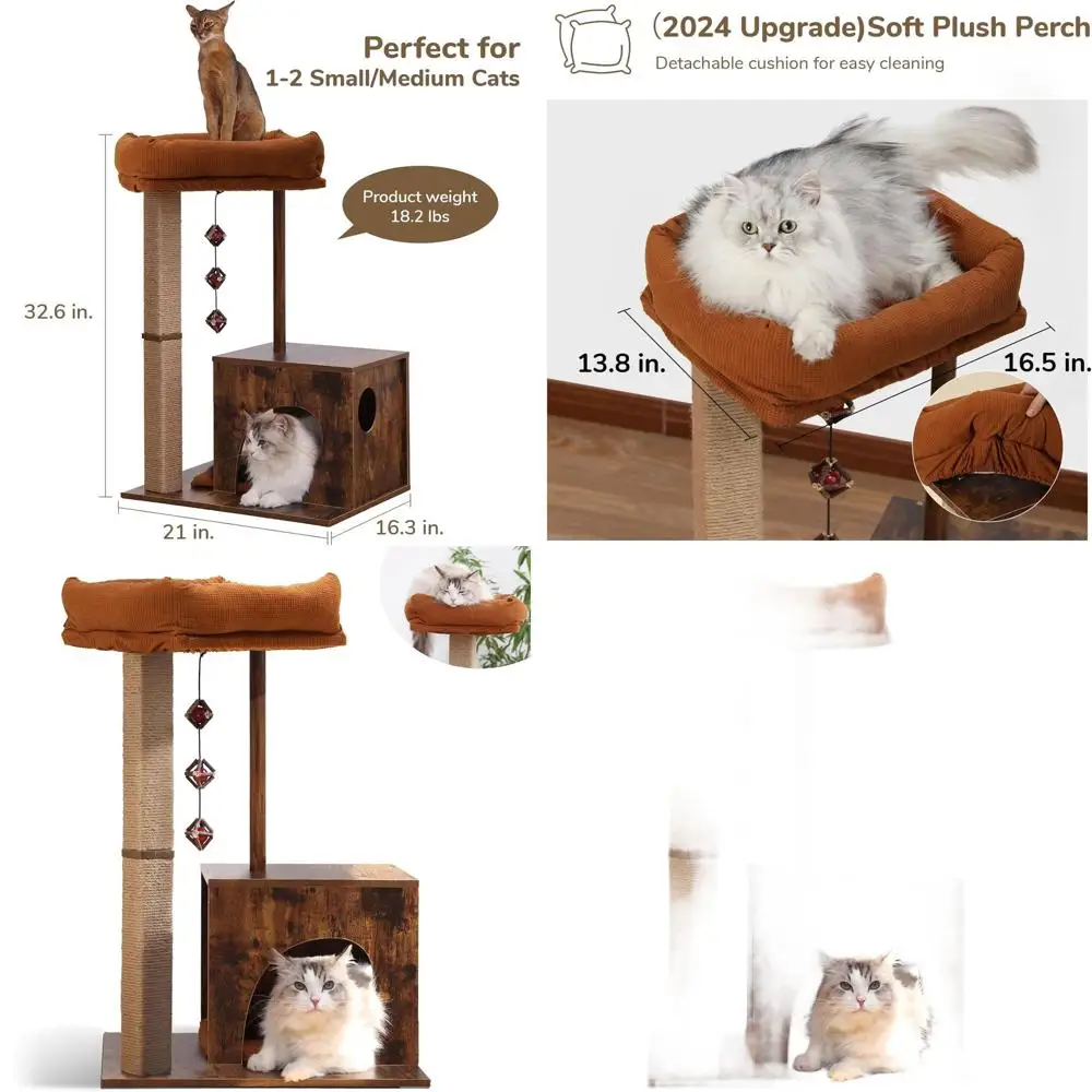 

Modern Square Post Cat Tree with Wooden Tower, Silvervine Balls, and Scratcher for Indoor Cats (Solid Wood)