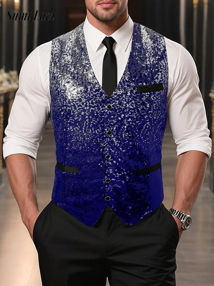 Party Vintage Men's Sequin Glittle Vest Jacket Coat 2026 Spring Autumn Fashion Gradient Color Vest Men Retro Button V Neck Coat