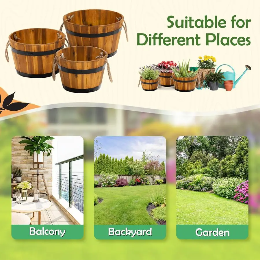 مكون من 3 صناديق زهور خشبية في الهواء الطلق، مزارعي أسطوانات خشبية متينة للنباتات الخارجية بمقابض مريحة وفتحات تصريف،